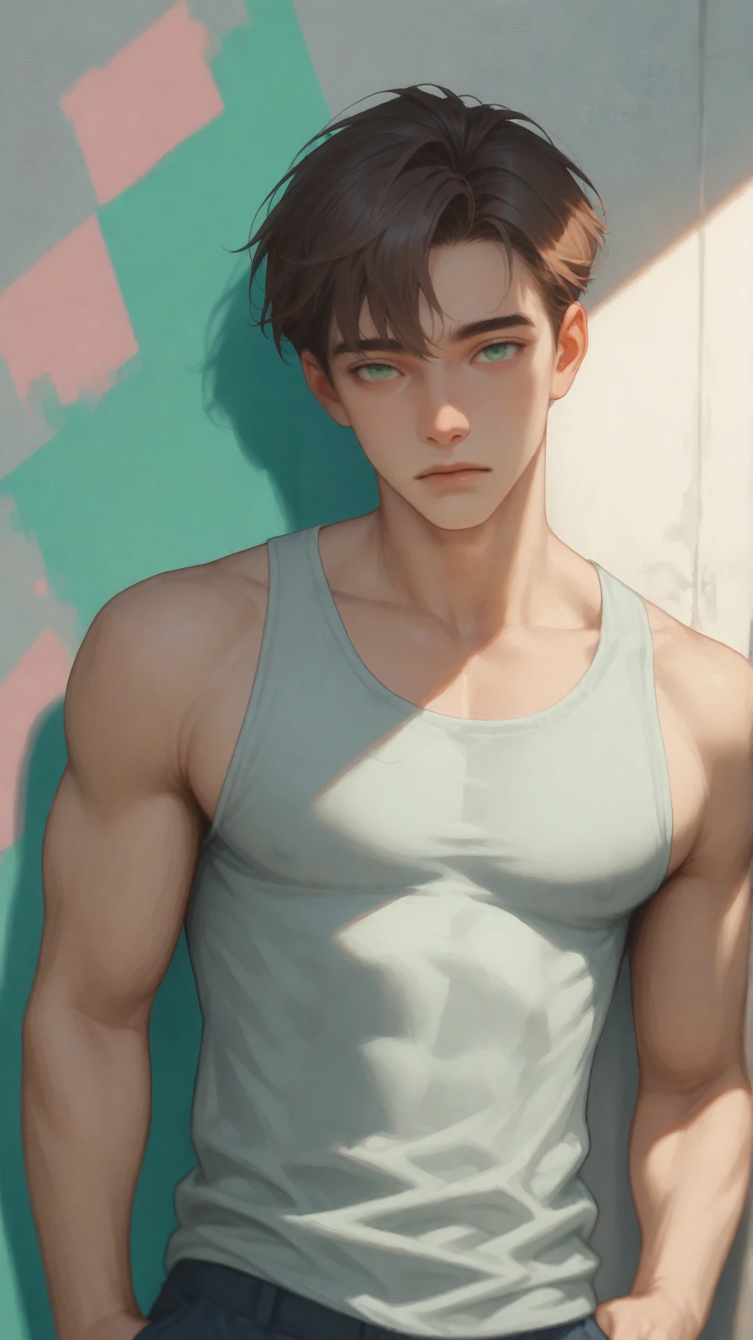 1boy, man, solo, 2d, masterpiece,best quality,amazing quality,very aesthetic,absurdres,newest,detailed eyes, A professional,high-quality, portrait of a man. upper body view, brown hair,short hair, green eyes, muscular body, casual, tanktop, leaning against a gray wall. depth of field,focused subject,dynamic angle,dutch view,dynamic motion, green abstract background, cheeky, casual, leaning against a wall, hand on hips. anicomeij art style overlay, anicomeij character design overlay <lora:anicomeij-IL:1>