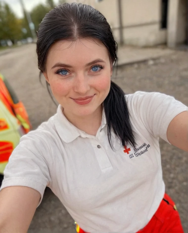 german women, 1girl, solo, paramedic, standing, selfie, masterpiece,during emergency dispatch, sunny, candid, raw,  detailed, blue eyes, ponytail. black hair, sexy, smile, underexposed, oversaturated, bokeh, red pants, pretty, award winning selfie,<lora:german_paramedic_girls:0.8>