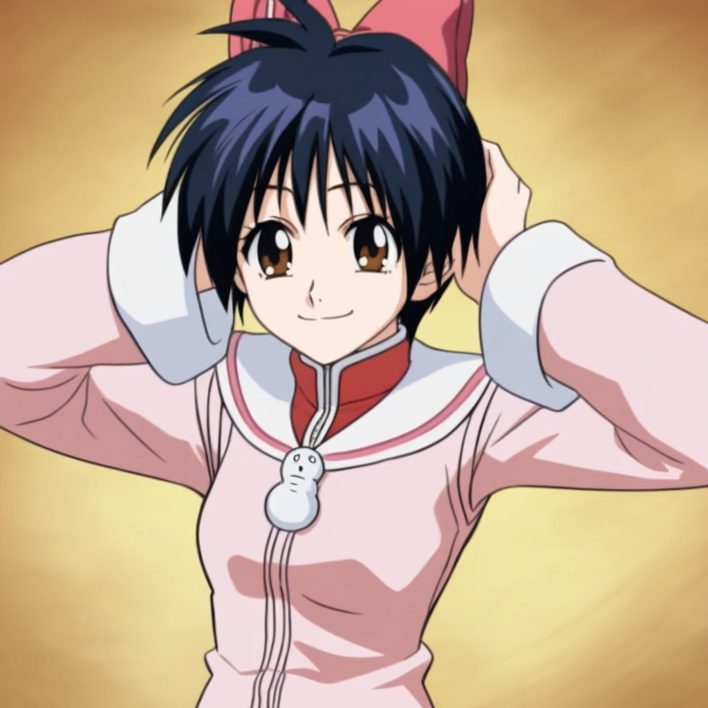 score_9, solo, s_mar, black hair, short hair, hair bow, brown eyes, long sleeves, snowman necklace, shorts, smile, hands in hair, upper body focus
