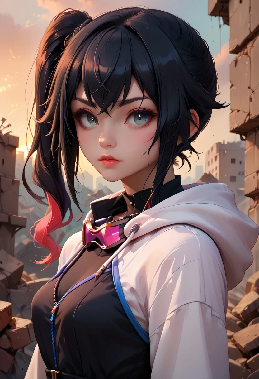 score_9, score_8_up, score_7_up, Portrait, shiki_dwno, long black hair, multicolored hair, side ponytail, gray eyes, hood, dress, goggles around neck, sunset, rubble in the background, 4n1v3rs3, depth of field, dynamic angle, fashion photography, sharp, hyperdetailed:1.15, freebos_smoothiestyle
