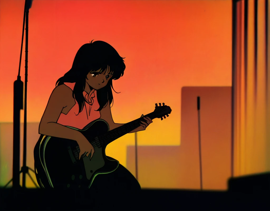 1980s, 90s, Anime screencap, masterpiece, best quality, very aesthetic, absurdres, newest limited palette, warm palette, (noise:1.4), (grain:1.2), detailed BREAK:
1girl, foreground, in focus, guitar, BREAK:
<lora:clean90sanime_illus11:0.8> <lora:Detailer_NoobAI_Incrs_v1:0.8>