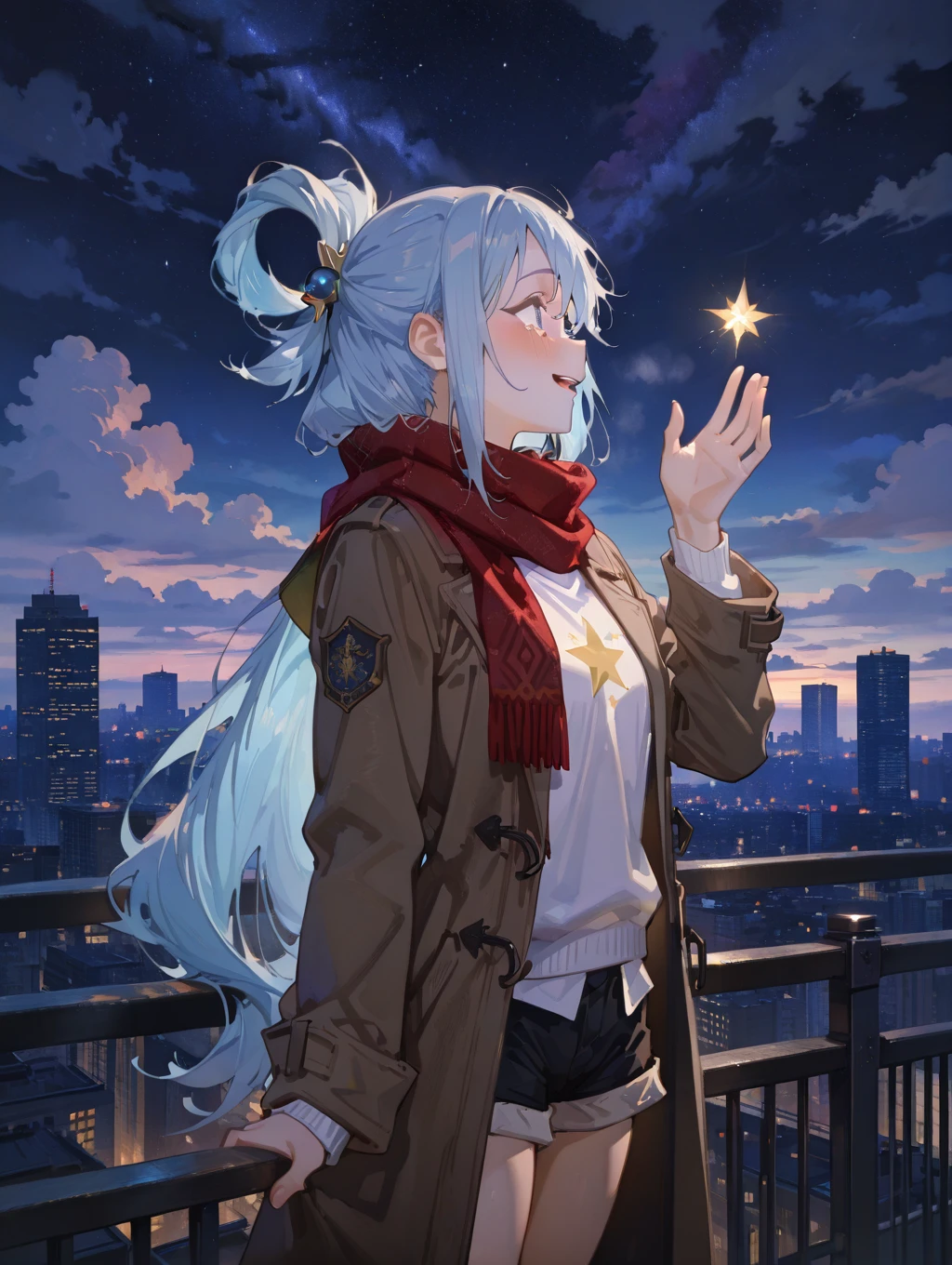 perfect quality,high quality,masterpiece,best quality,amazing quality,very aesthetic,absurdres,Cinematic Lighting,newest,Tactical use of shadow,
AquaCYQL,1girl,solo,long hair,blue hair,very long hair,hair rings,hair ornament,blue eyes,
star(sky),sky,scarf,starrysky,night,coat,nightsky,redscarf,outdoors,shorts,longsleeves,plaidscarf,plaid,shootingstar,browncoat,cityscape,outstretchedarm,blackshorts,openclothes,fromside,building,shortshorts,opencoat,cloud,lookingup,scenery,city,standing,skyscraper,blush,openmouth,railing,armup,tears,skirt,profile,sweater,cowboyshot,skyline,meteorshower,blackskirt,handonownchest,whitesweater,fringetrim,crying,citylights,handup,reaching,whiteshirt,floatinghair,smile,shirt,jacket,partedlips,verysidelocks,brownjacket,blackcoat,star(symbol),
<lora:748cmSDXL:0.5>,<lora:HG2512 by CYQL:0.5>,HG2512,<lora:EtherSDXL:0.5>,748cmstyle,EtherStyle,masterpiece,very aesthetic,<lora:detailer_v5:0.5>,detailerlora,,<lora:lora-000005.by_tusi:1>,