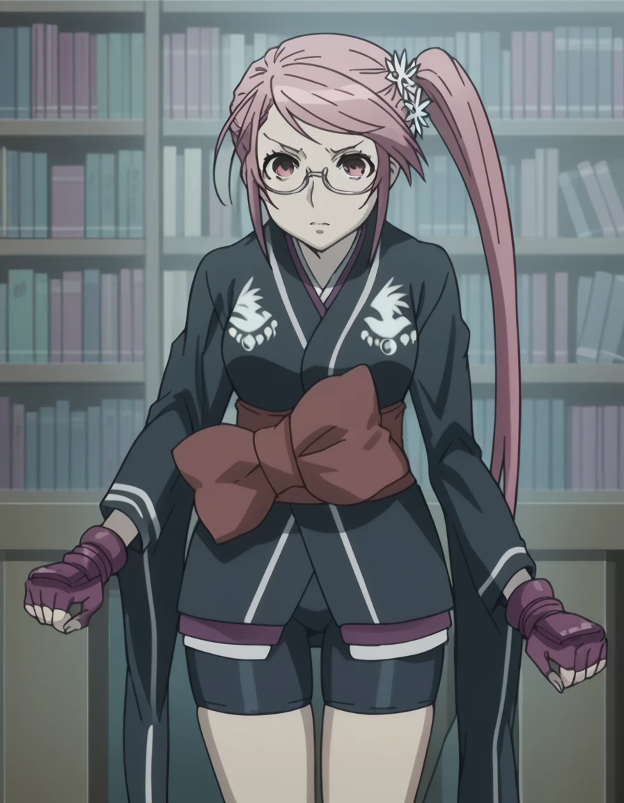 score_9, score_8_up, score_7_up, source_anime, <lora:benitsubasa-s1-ponyxl-lora-nochekaiser:1>, benitsubasa, long hair, hair ornament, pink hair, side ponytail, flower hair ornament, pink eyes, mature female, medium breasts, anime screencap, gloves, japanese clothes, fingerless gloves, kimono, bike shorts, black kimono, short kimono, bowtie,, library, reading books, glasses, quiet, focused, shelves of books, , from above,, looking at viewer, solo,, cowboy shot, solo