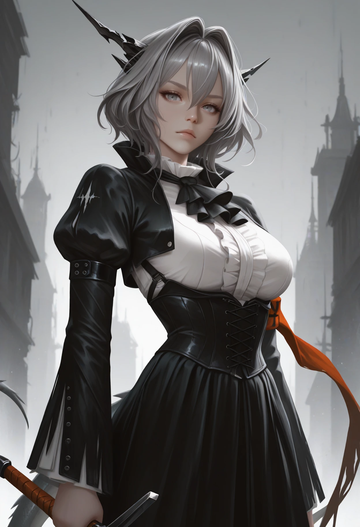 masterpiece, best quality, realistic, solo, 1girl, tlhdef, dragon tail, expressionless, looking at viewer, standing, holding sword, arms at sides, short hair, grey hair, hair intakes, hair between eyes, black horns, dragon horns, grey eyes, black jacket, cropped jacket, open jacket, juliet sleeves, underbust, armband, white shirt, center frills, black ascot, black corset, black skirt, high-waist skirt, grey background, abstract background, building
<segment:yolo-Anzhc Face seg 640 v2 y8n.pt,0.4,0.5//cid=1>