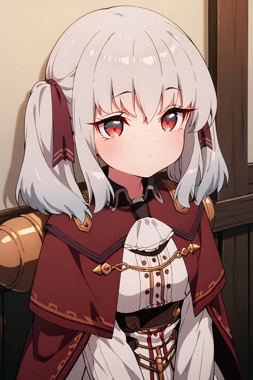 masterpiece, best quality, 1girl, solo, eyelashes, (beautiful eyes), zzRetzel, red eyes, grey hair, hair ribbon, long hair, medium hair, two side up, hair between eyes, twintails, <lora:Retzel_PrimaDoll_IXL:1.0>,