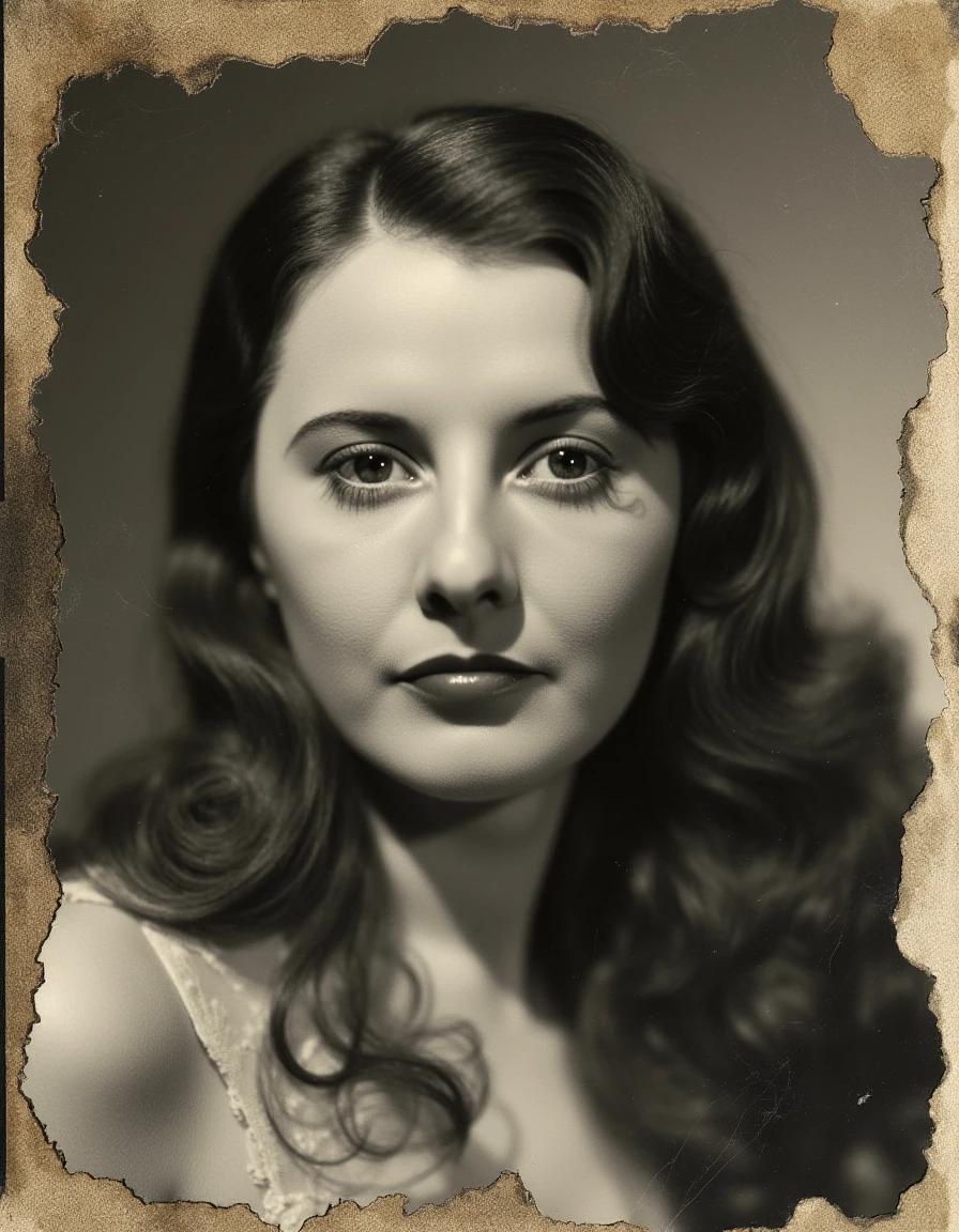 <lora:barbara-stanwyck-flux:1.1> an old aged cracked torn photo in black and white of a classy young woman taking a serious portrait