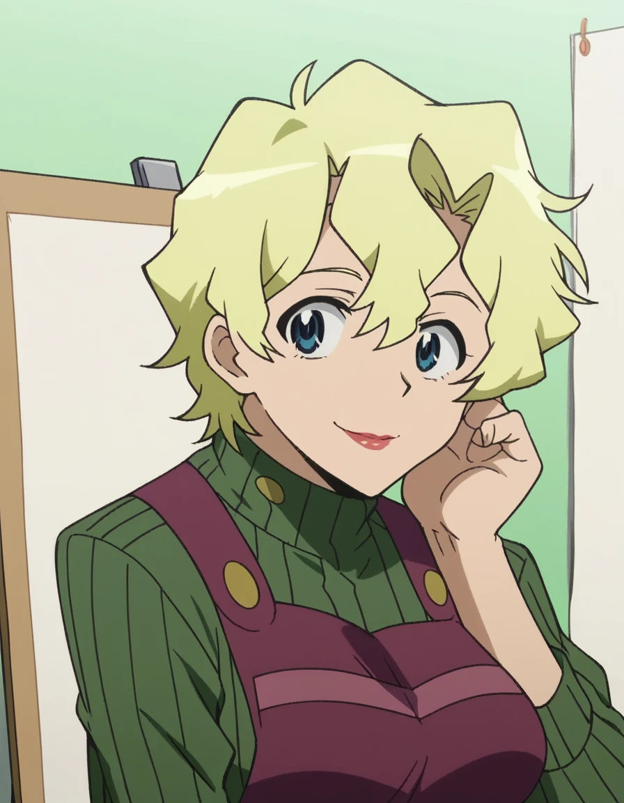 score_9, score_8_up, score_7_up, source_anime, <lora:kiyoh-littner-s1-ponyxl-lora-nochekaiser:1>, kiyoh littner, short hair, blue eyes, blonde hair, lipstick, large breasts, anime screencap, ribbed sweater, apron, green sweater, purple apron,, museum, art exhibit, paintings, observing, quiet contemplation, cultural experience, smile, head rest, smile,, looking at viewer, solo,, cowboy shot, solo