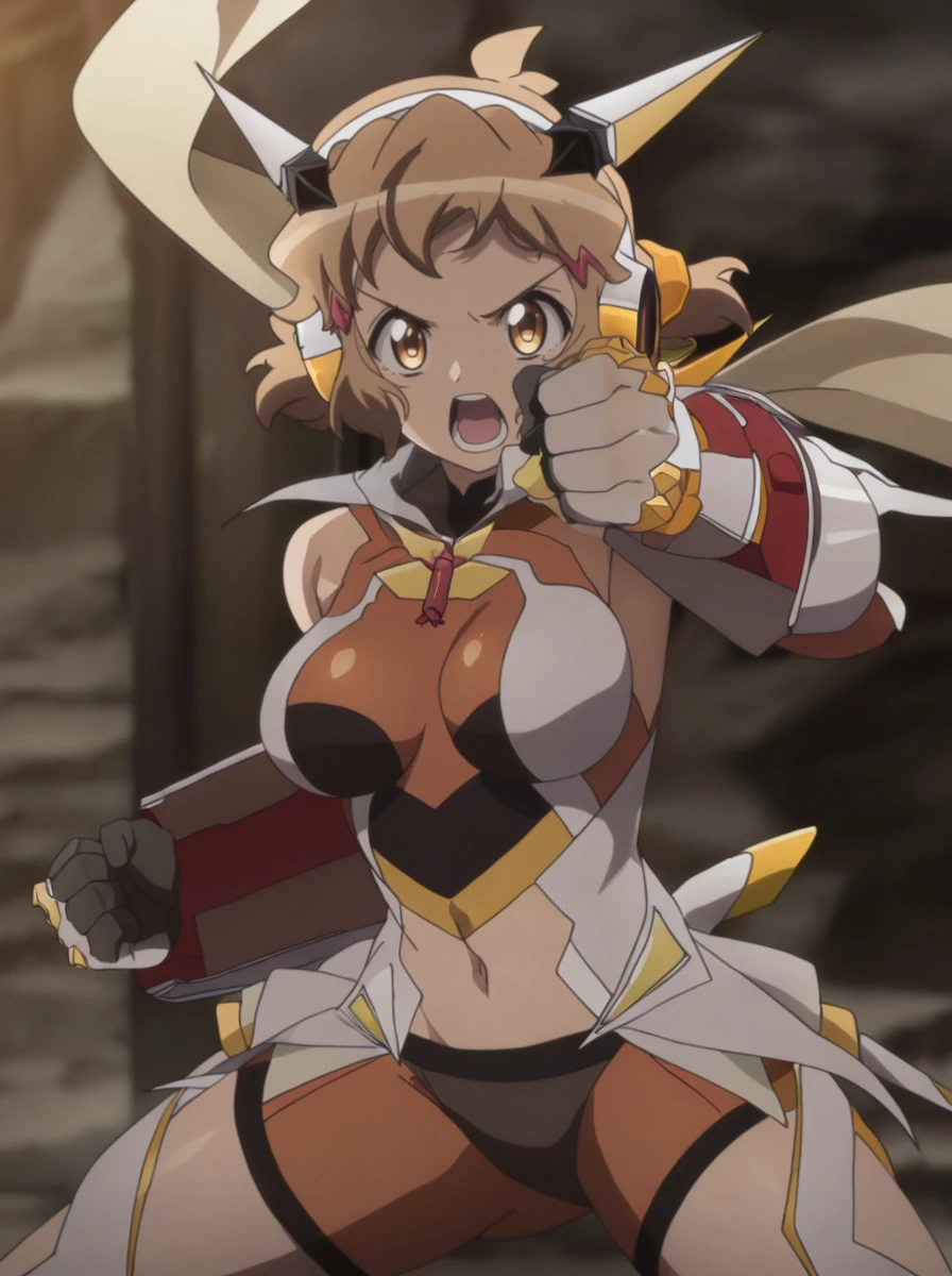 masterpiece, best quality, amazing quality, very aesthetic, absurdres, newest, anime coloring, anime screenshot, <lora:HibkiGearIlus:1>hibikigear, 1girl, solo, short hair, brown hair, scarf, headgear, navel, headphones, bodysuit, medium breasts, gauntlets, brown eyes, hair ornament fighting stance, open mouth, clenched hands,