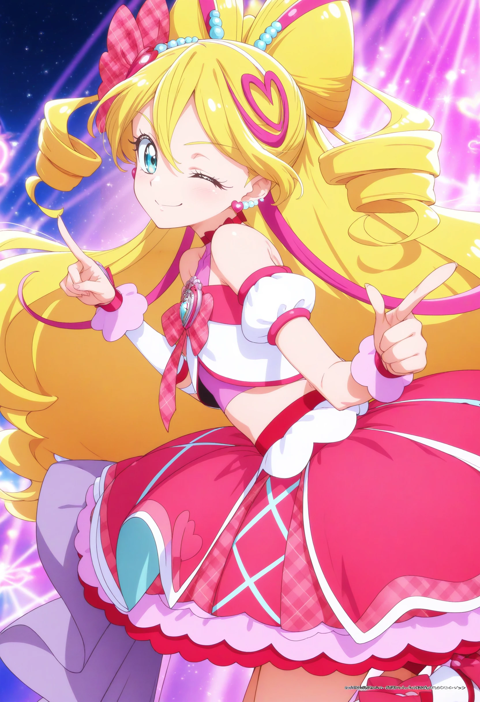 1girl,cure idol,solo,
masterpiece, best quality, newest, absurdres, CG, anime, source anime, illustration,
blonde hair, pink bow, blue eyes, hair bow, jewelry, heart hair ornament, earrings, multicolored hair, twin drills, magical girl, detached sleeves, hair between eyes, plaid skirt, pink choker, bare shoulders, very long hair, <lora:cureidol_Illust_v1:0.8>
one eye closed, pointing at viewer,
from side, feet out of frame, looking ahead, smirk, Rio de Janeiro city, closed mouth