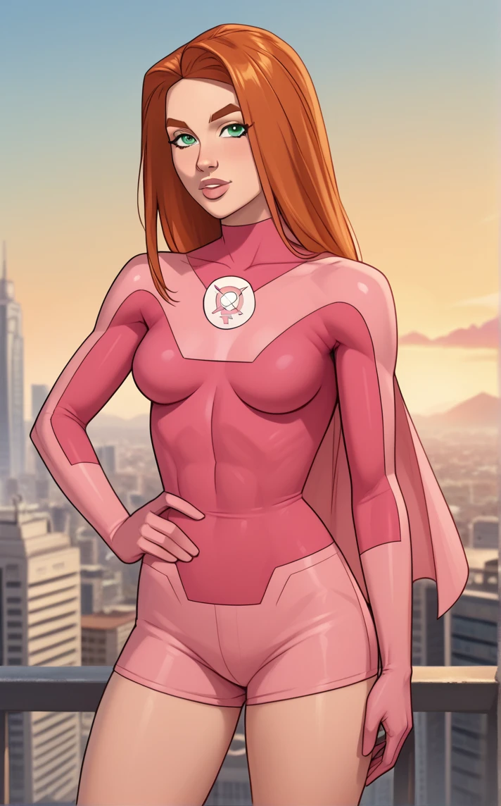 score_9, score_8_up, score_7_up, absurdres,contrapposto, hand on hip, sunset, sidelighting, cityscape, vanishing point, outdoors, depth of field, solo, looking at viewer, <lora:PONYXL_Invincible_AtomEve_ownwaifu:0.9>, BREAK MainOutfit_AtomEve_ownwaifu, 1girl, orange hair, green eyes, long hair, nose, covered collarbone, eyelashes, shiny hair, straight hair, thick eyebrows, thick lips, toned female, logo, long sleeves, pink cape, pink gloves, pink leotard, turtleneck leotard, two-tone leotard, medium breasts, skin tight, thighs, elbow gloves, emblem, pink shorts, makeup, <lora:add-detail-xl:0.15>,