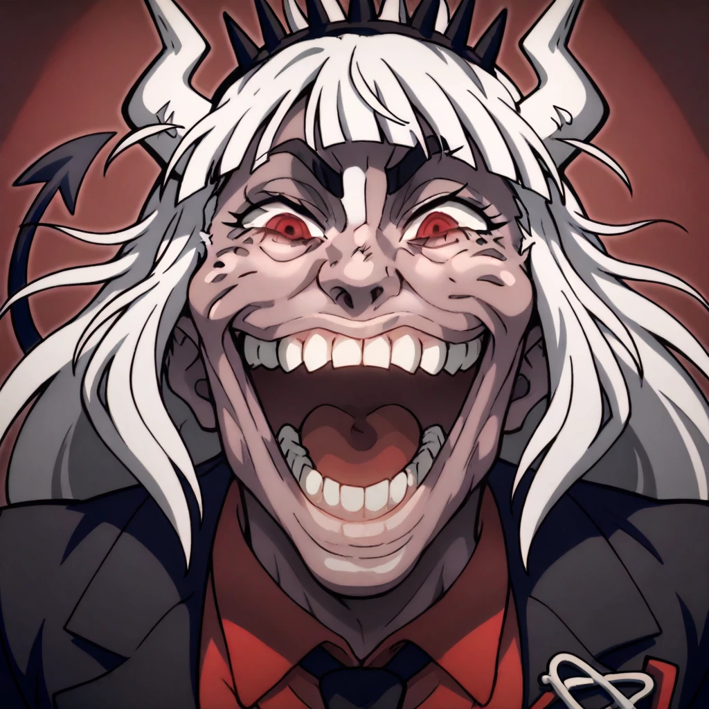 masterpiece, best quality, newest, absurdres, highres,  anime, anime style, vintage anime, 90s anime, YujiroLaughIL-V1.1 smile, teeth, grin, open mouth, laugh, 1girl, lucifer \(helltaker\), black suit, red necktie, black collared shirt, black gloves, blunt bangs, demon horns, demon girl, demon tail, sharp teeth, red eyes, white hair, long hair