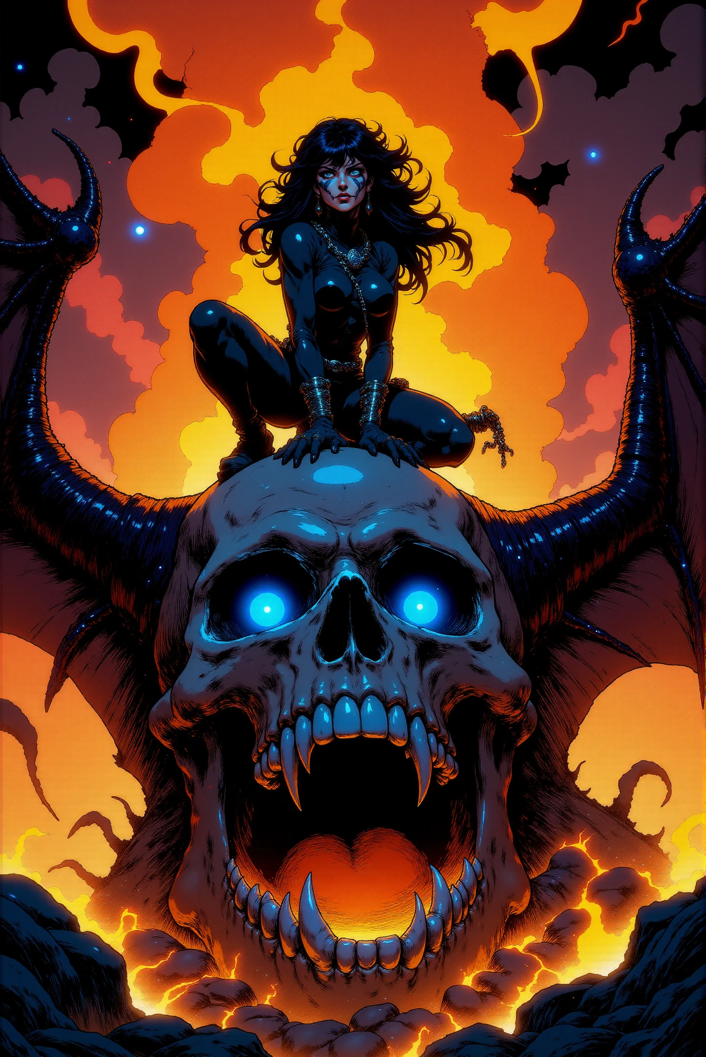 <lora:FANCHA_v.4:0.99> Fancha style. This electrifying scene depicts a powerful figure crouched atop a massive, flaming skull with glowing blue eyes, exuding an aura of intensity and dark allure. The flames behind her roar violently, their tendrils rising and swirling in bright orange and yellow, casting a stark contrast against the fiery red and purple sky. Her long black hair is whipped back by the heat, rising like tendrils of smoke, adding to her fierce, untamed presence. Her appearance is striking, with a face painted in a skeletal pattern, evoking both fear and mysticism. She wears a tight, black leather bodysuit that clings to her athletic figure, accentuating her sharp, commanding posture. Chains loop across her chest, with skull motifs gleaming where the chains meet, reinforcing the menacing and rebellious aesthetic. Her knee-high boots, adorned with metallic accents, dig into the cracked surface of the skull, as she balances with predatory precision. The massive skull beneath her, with jagged, cracked teeth and a dark, hollow gaze, is engulfed in roaring flames that seem to drip from its mouth like molten lava. From the sides of the skull, enormous bat-like wings, veined and tattered, extend into the scene, adding a supernatural dimension to the imagery. The blue glow in the skullâs eyes stands in stark contrast to the burning chaos around it, giving it an eerie, sentient quality. The entire composition is infused with a sense of motion and danger, the flames providing dramatic lighting that casts shadows and highlights across her sleek form and the jagged, infernal landscape. Rendered in the bold, clean lines of comic art, the colors are vivid and saturated, with glowing effects accentuating the intensity of the fire and the supernatural elements. The scene pulses with energy, giving the impression of a powerful, otherworldly force ready to strike.