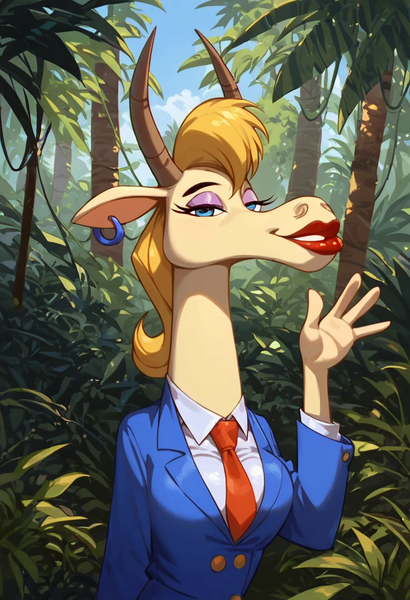 mary_antelope, 1girl, female furry, anthro, female antelope, yellow fur, brown horns, animal ears, blonde hair, eyelashes, blue eyes, makeup, pink eyeshadow, red lips, small blue hoop earings, blue office blazer (yellow buttons), red necktie, white shirt, blue skirt, blue high heels, score_9_up, score_8_up, score_7_up, breasts, looking at viewer, smiling, smug, waving at viewer, female focus, ultra detailed, detailed background, jungle background, masterpiece, best quality, 8k, Expressiveh