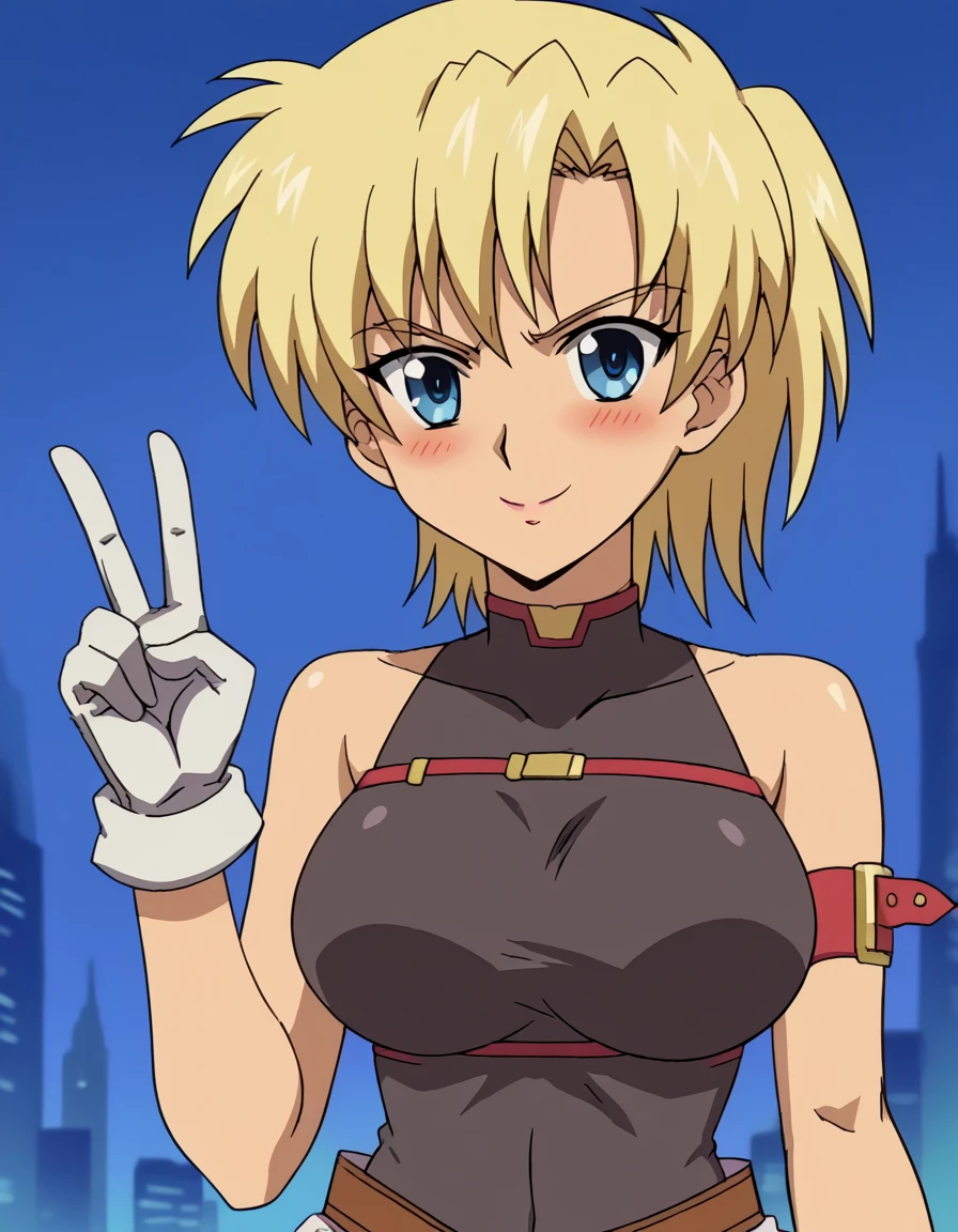 score_9, score_8_up, score_7_up, source_anime, <lora:seimii-s1-ponyxl-lora-nochekaiser:1>, seimii, short hair, blonde hair, blue eyes, large breasts, anime screencap, <lora:fate-testarossa-cosplay-ponyxl-lora-nochekaiser:1>, fate testarossa cosplay, fate testarossa (cosplay), arm belt, bare shoulders, black gloves, black leotard, cosplay, gloves, leotard, leotard peek, magical girl, no cape, showgirl skirt,, streets, smile, blush, v,, cowboy shot, looking at viewer,, , cowboy shot, solo