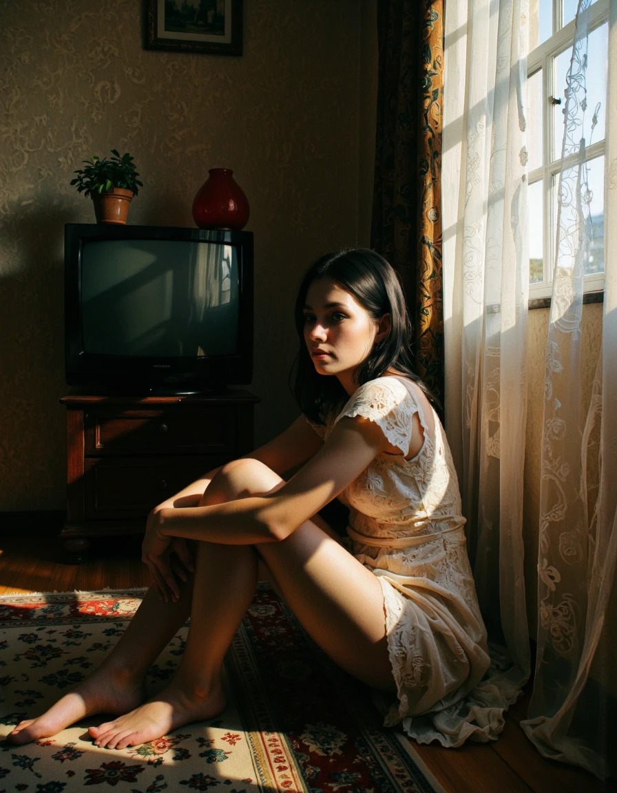 This photograph depicts a young woman sitting on a patterned rug in a dimly lit, intimate room. The woman, with long black hair, is wearing a white lace dress with delicate floral patterns, which contrasts with the sober tones of the room. She is slender and seated with her knees bent, her arms wrapped around her legs and her head tilted slightly to the side, giving her a contemplative, almost melancholic expression.
The room is bathed in soft, warm light that filters through sheer white lace curtains hanging from the window on the right. The light creates a soft glow that highlights the woman's features and casts subtle shadows on her face and the room. To the left is a small wooden cabinet with a television set on top, topped with a red lamp and a pot with a plant. The floor is wooden, partially covered by the rug, which has intricate red, green and gold patterns. The walls are adorned with textured wallpaper in a muted beige tone, adding to the intimate and somewhat nostalgic atmosphere of the room. The overall mood of the photograph is serene and contemplative, with a soft, almost dreamlike quality to the lighting and textures. <lora:Synesthesia:0.45>