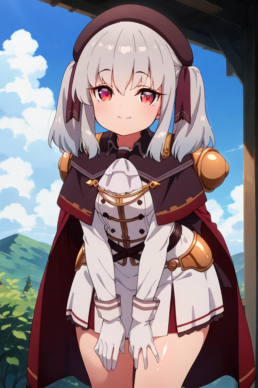 masterpiece, best quality, solo, curvy, beautiful eyes, zzRetzel, red eyes, grey hair, hair ribbon, long hair, medium hair, two side up, hair between eyes, twintails, beret, ribbon, black headwear, ascot, white gloves, shirt, <lora:Retzel_PrimaDoll_IXL:1.0>, , cowboy shot, leaning forward, smile, looking at viewer, shiny skin,