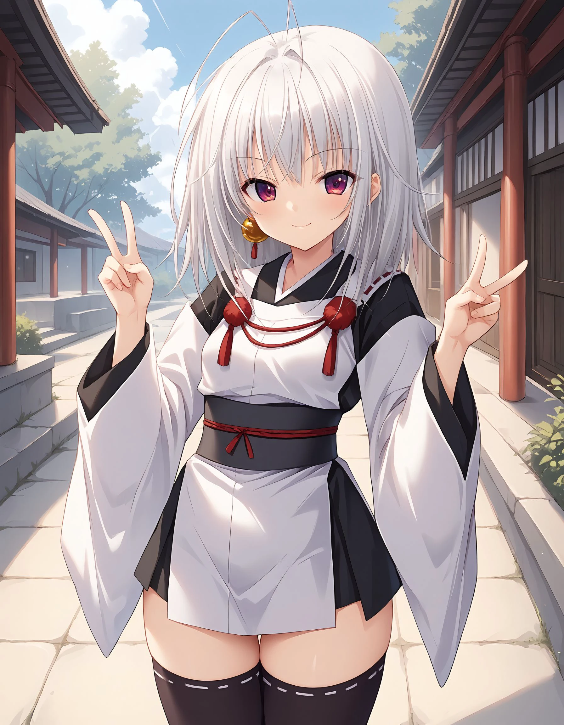 score_9, score_8_up, score_7_up, source_anime, <lora:add-detail-xl:1>, good , completely ,
BREAK 1girl, standing, smile, hands up, double v, in Shrine, precincts, outdoor,
BREAK <lora:tsuki-kagami Sarasara Sasara (Atelier Kaguya):0.8> tsuki-kagami, white hair, double antenna hair, medium hair, ornament on only own right ear, rufous eyes, small , purple tattoo on only own left shoulder,
BREAK miko costume, white short dress on black short dress, dress decoration, black long sleeves, white wide sleeves, detached sleeves, black obi, black bow in back, red straps, red bow in front, thighhighs, black thighhighs, bow trimmed thighhighs, zettai ryouiki,