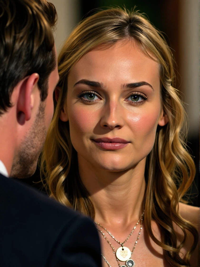 <lora:Diane_Kruger_Ca2002:1> woman, blonde <lora:zz_s_Stylish_Lighting:0.5> <lora:zz_s_Fluxartis:0.5> A highly detailed cinematic photography, extreme close-up, zoomed, focus on face, centered, macro shot, face centered, focus on eyes, looking directly at the viewer, looking directly at the camera, making eye contact, looking straight ahead, modest clothes, modest apparel, chest covered, modesty <lora:zz_s_Chest_Size_Slider:-2>, a realistic photo of woman on a date, restaurant scene, eating and drinking, smiling, with 1man, romantic atmosphere, artificial lighting, 8k resolution, diffused lighting, realistic shadows, detailed skin.âââ