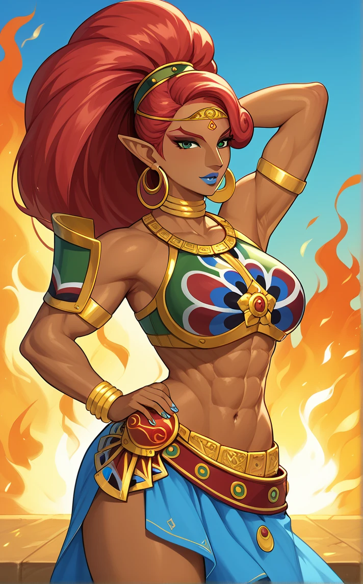 score_9, score_8_up, score_7_up, 1girl, arm behind head, explosion, fire, flame, pyrokinesis, looking at viewer, parted lips, magic, armpits, arm up, <lora:PONYXL_LegendOfZelda_Urbosa_ownwaifu:1>, BREAK MAIN_Urbosa_ownwaifu, 1girl, big hair, jewelry, lipstick, pointy ears, pointy nose, tall female, thick eyebrows, toned, urbosa, very dark skin, dark-skinned female, makeup, blue lips, hair pulled back, hoop earrings, neck ring, circlet, red hair, green eyes, breastplate, shoulder armor, armlet, muscular female, midriff, bracelet, pauldrons, navel, abs, eyeshadow, long nose, bare shoulders, nail polish, blue nails, crop top, high ponytail, obliques, swept bangs, collarbone, hairband, blue skirt, long skirt, large breasts, necklace, narrow waist, colored skin, thick thighs, wide hips, biceps, hair ornament, sarong, thighs, bikini armor, bangle, side slit, eyelashes, choker, afro, gem, green hairband, belt, eyeliner, forehead jewel, gold earrings, arabian clothes, <lora:Expressive_H:0.15> <lora:add-detail-xl:0.15>,
