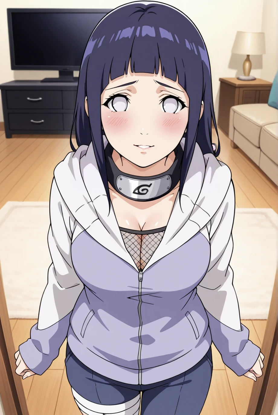 absurdres, masterpiece, best quality, very aesthetic, 1girl, solo,
<lora:HinataShippuden-IL-v1-08:0.85>, ChopioHinata, purple hair, long hair, straight hair, shiny hair, blunt bangs, sidelocks, no pupils, white eyes, looking at viewer,
medium breasts, mature female,
outfit_1, two-tone jacket, purple jacket, zipper, hooded jacket, hood down, forehead protector, fishnet top, long sleeves, sleeves past wrists, blue pants, bandaged leg,
sandals, black footwear,
living room, standing, smile, embarrassed, blush, parted lips, cleavage, cowboy shot,