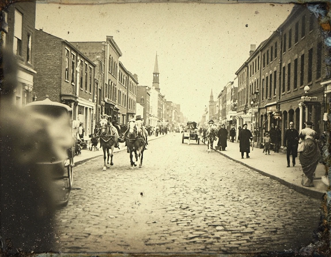 A bustling 19th-century urban street captured in the style of a Daguerreotype. Cobbled roads stretch into the distance, flanked by brick buildings with shopfronts and gas lamps. Horse-drawn carriages and pedestrians blur slightly in the long exposure, creating an ephemeral, ghostly effect. Tarnished edges and scratches on the photou2019s surface add to its aged, well-worn appearance, while the sepia tones evoke the atmosphere of a bygone era.