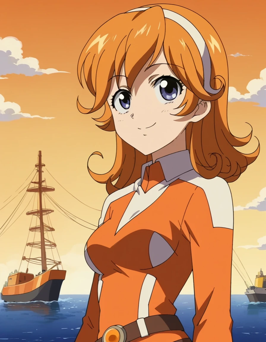 score_9, score_8_up, score_7_up, source_anime, <lora:ruu-riruri-s1-ponyxl-lora-nochekaiser:1>, ruu riruri, brown hair, puprle eyes, hairband, orange hair, curly hair, medium breasts, anime screencap, bodysuit, orange bodysuit, belt, drydock, repair, ships, water, construction, smile, from side, looking at viewer, solo,, cowboy shot, solo