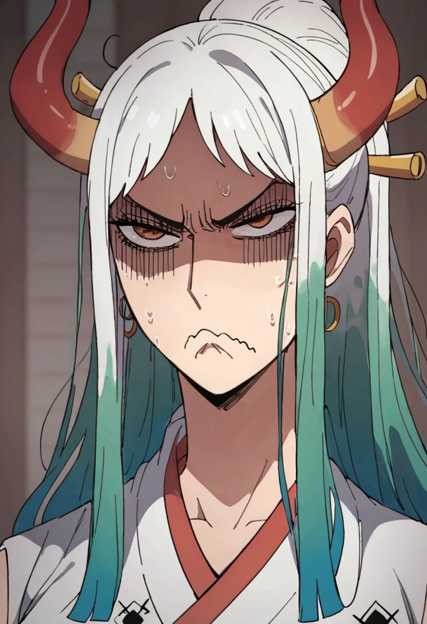 score_9, score_8_up, score_7_up, 1 girl, Yorbutthurtface, angry, annoyed, expressive, exxagerated exxpresion, frown, shaded face, wavy mouth, sweating profusuely, yamato \(one piece\), long hair,multiclored hair,oni,horn