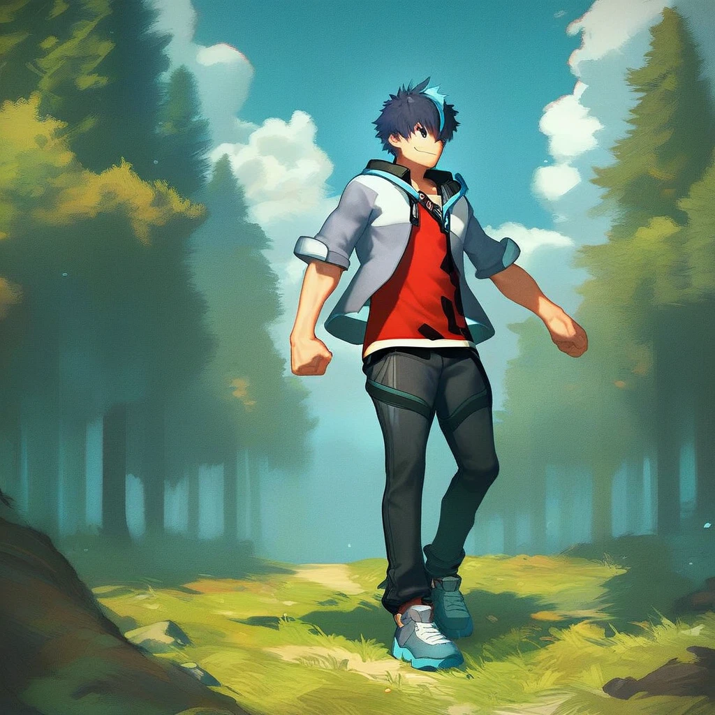 1boy, solo, score_9, score_8_up, score_7_up, source_anime, takuto_dwno, black hair, multicolored hair, red shirt, black pants, gray jacket, fists clenched, bicep flex, full body, smile, digital forest background, trees, sky, clouds, grass