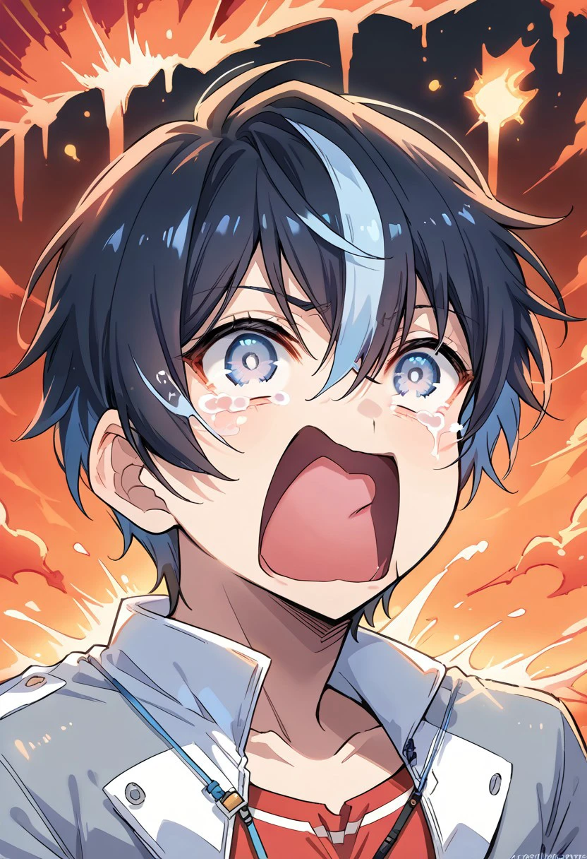 1boy, solo, score_9, score_8_up, score_7_up, source_anime, takuto_dwno, black hair, multicolored hair, gray eyes, red shirt, gray jacket, bicep flex, upper body, smile, digital volcano background, mountain, lava, aquascreaming, screaming, open mouth, crying with eyes open