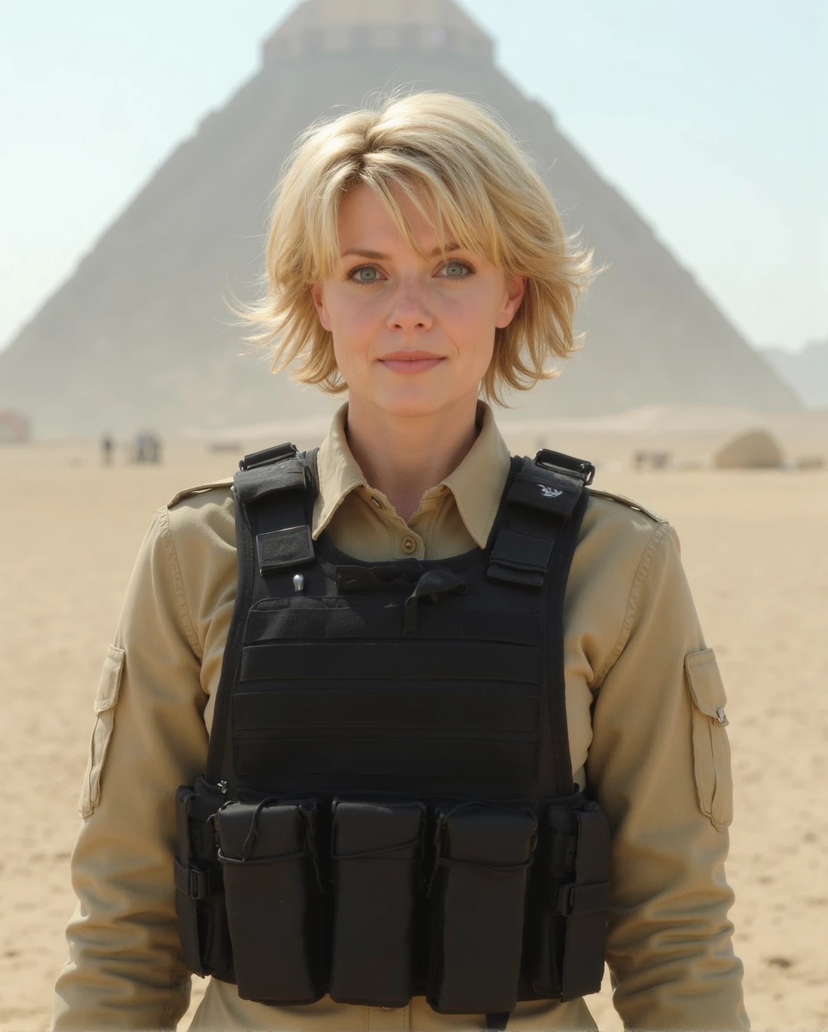 beautiful detailed photograph of amandatapping , she has short hair. strands of hair framing her face, She is wearing BDU uniform and a black tactical vest, standing in an alien planet with a giant pyramid in the distance, Cinematic photography, movie mood, cinematic light, compelling composition, storytelling elements, conveys emotion, mood, and narrative depth, creating visually striking images that feel like still frames from a film 35mm film. DSLR. <lora:amandatapping-v0-1:0.9> <lora:flux_realism_lora:0.7>