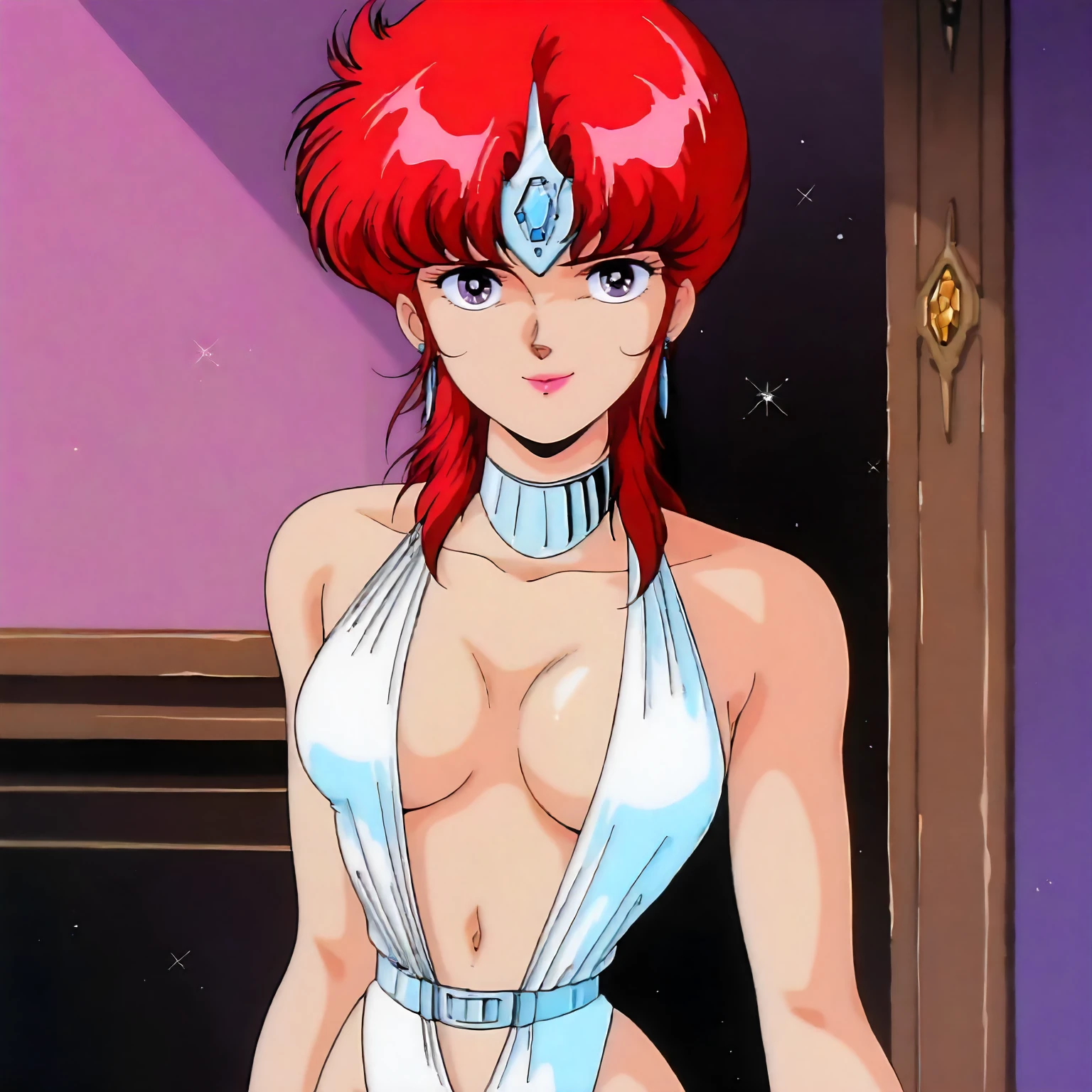 <lora:LDF_flairXLIllustrious004>,
underwear only,masterpiece,best quality,good quality,newest,
detailed background,glitter,
smile,
looking at viewer,
solo,
anime coloring,1990s \(style\),
neris\(lyon_densetsu_flare\),1girl,red hair,medium hair,circlet,purple eyes,lipstick,
earrings,
silver choker,
white leotard,halterneck,cleavage,navel,waist cord,
standing,