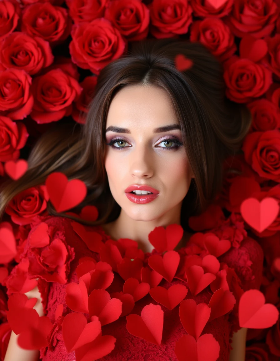 High quality photo of a beautiful woman on a bed of red roses. Only her face is visible, the body is fully covered with roses. The light is colorful, small red hearts flying around