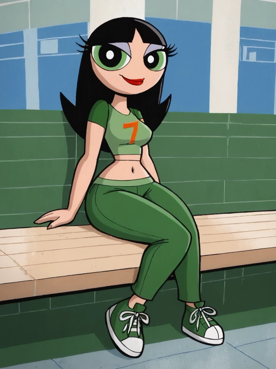 score_9, score_8_up, score_7_up, score_6_up, BREAK, t33nb8tt3rc8p, 1girl, solo, black hair, long hair, navel, midriff, green shirt, green footwear, green pants, closed mouth, red lipstick, smile, bench, sitting on a bench, looking at viewer <lora:Buttercup-000007:1>