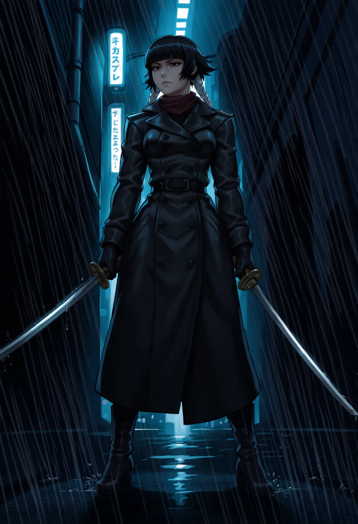 masterpiece, best quality, 1girl, toned,
black hair, short hair with long locks, black eyes, blunt bangs, hair rings, twin braids,
black trench coat, scarf, leather gloves, boots, gripping katana, standing in rain-soaked alley, puddles reflecting neon, narrow urban street, dim overhead lights, dramatic shadows, tense posture, cyberpunk noir, dark and moody atmosphere, cinematic perspective,
<lora:Sfng_idxl_EliPot:1>