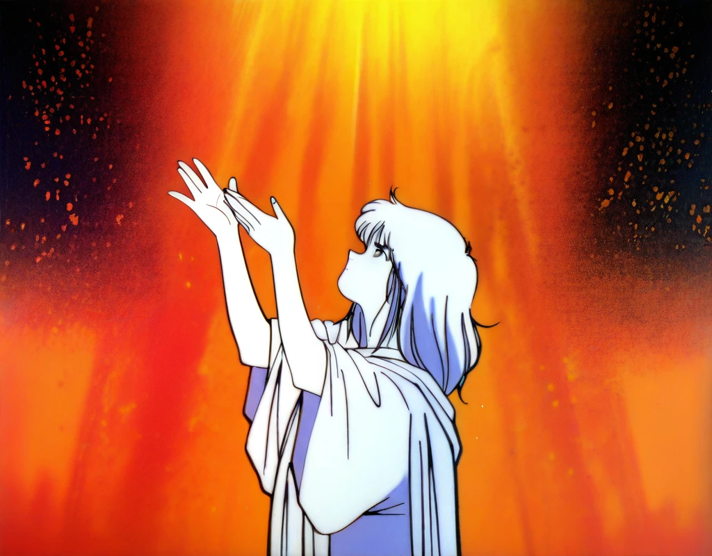 1980s, 90s, Anime screencap, masterpiece, best quality, very aesthetic, absurdres, newest limited palette, warm palette, (noise:1.4), (grain:1.2), detailed BREAK:
Toga, roman toga, religious character, white hair, medium hair, white robe, red robe, 1boy, raised hands, praise, looking up, talking, serious,
<lora:clean90sanime_illus11:0.8> <lora:Detailer_NoobAI_Incrs_v1:0.8>