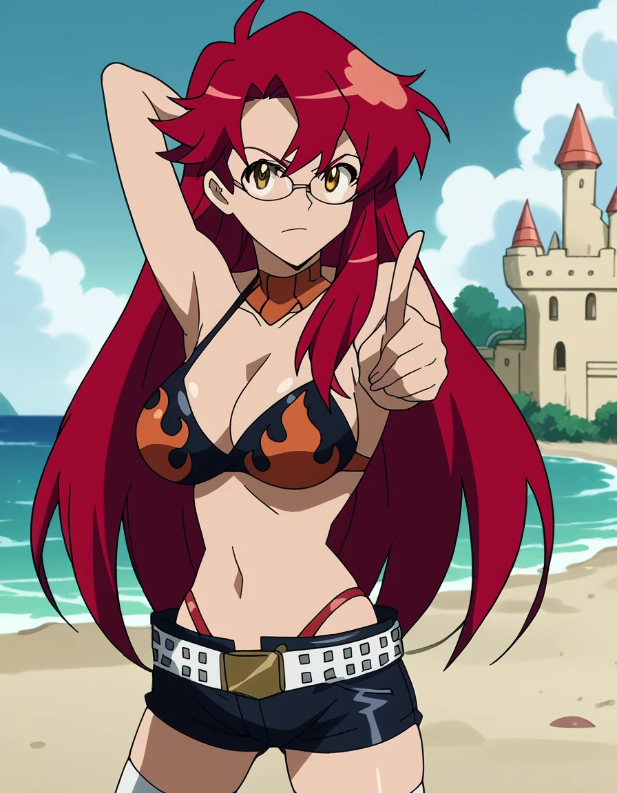 score_9, score_8_up, score_7_up, source_anime, <lora:yoko-littner-s1-v2-ponyxl-lora-nochekaiser:1>, yoko littner, long hair, yellow eyes, red hair, glasses, hair down, mature female, large breasts, anime screencap, thighhighs, swimsuit, bikini, shorts, midriff, belt, short shorts, bikini top only, flame print, beach, sand castle, swimsuit, summer vacation, ocean wave, hands behind head, , <lora:koi-dance-ponyxl-lora-nochekaiser:1>, koi dance, index finger raised, dancing, outstretched arm, pointing at viewer, pointing, pointing up,, looking at viewer, solo,, cowboy shot, solo