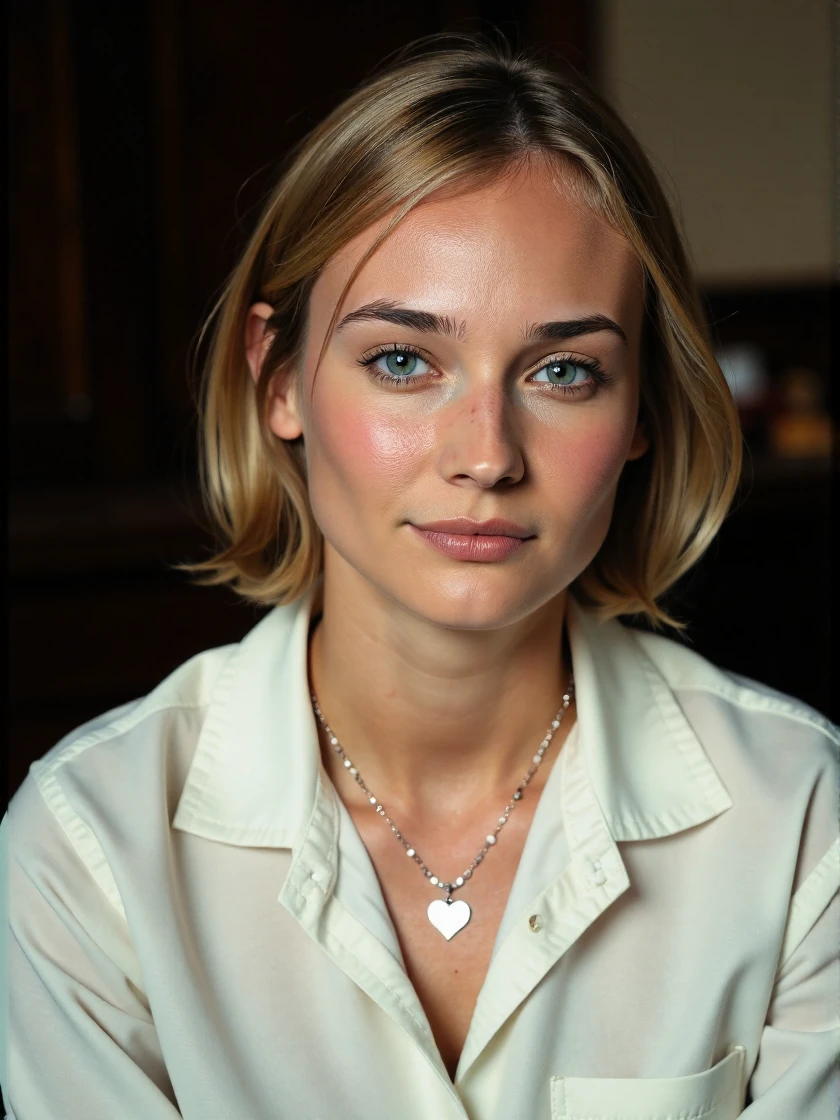 <lora:Diane_Kruger_Ca2002:1> woman, blonde <lora:zz_s_Stylish_Lighting:0.5> <lora:zz_s_Fluxartis:0.5> A highly detailed cinematic photography RAW photo, 16mm film, artistic black and white film, sweet smile, a serene and intimate portrait, sits in the center of the frame, perfect posture, directly facing the viewer with their eyes locked onto the camera, they wear a cotton dress shirt, button-up top with all but the topmost button fastened, they also wear a heart necklace, adding a touch of elegance to their overall appearance, the soft, blurred background and soft lighting create a cozy atmosphere, drawing the viewer's attention to the subject's expression, the overall effect is one of calm and introspection, inviting the viewer to step into their world, extreme close-up, zoomed, focus on face, centered, macro shot, face centered, focus on eyes, looking directly at the viewer, looking directly at the camera, making eye contact, looking straight ahead, modest clothes, modest apparel, chest covered, modesty <lora:zz_s_Chest_Size_Slider:-2>âââ
