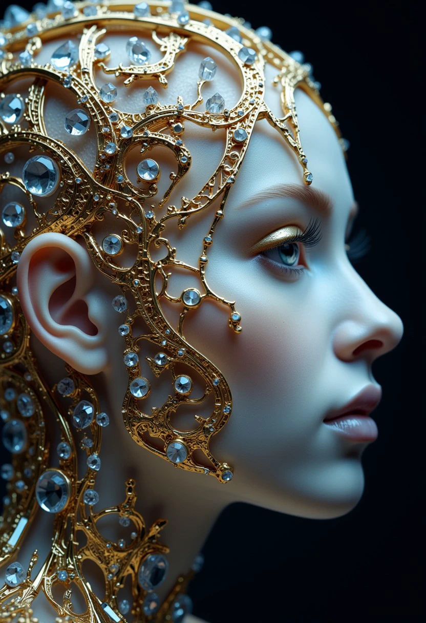 This is a highly detailed, photorealistic CGI artwork depicting a close-up profile of a woman's face. The subject has an ethereal, almost otherworldly appearance with intricate, metallic adornments that resemble a futuristic, mechanical or robotic aesthetic. Her skin is a smooth, pale white, and she has striking, almond-shaped eyes, adorned with long, false eyelashes.
