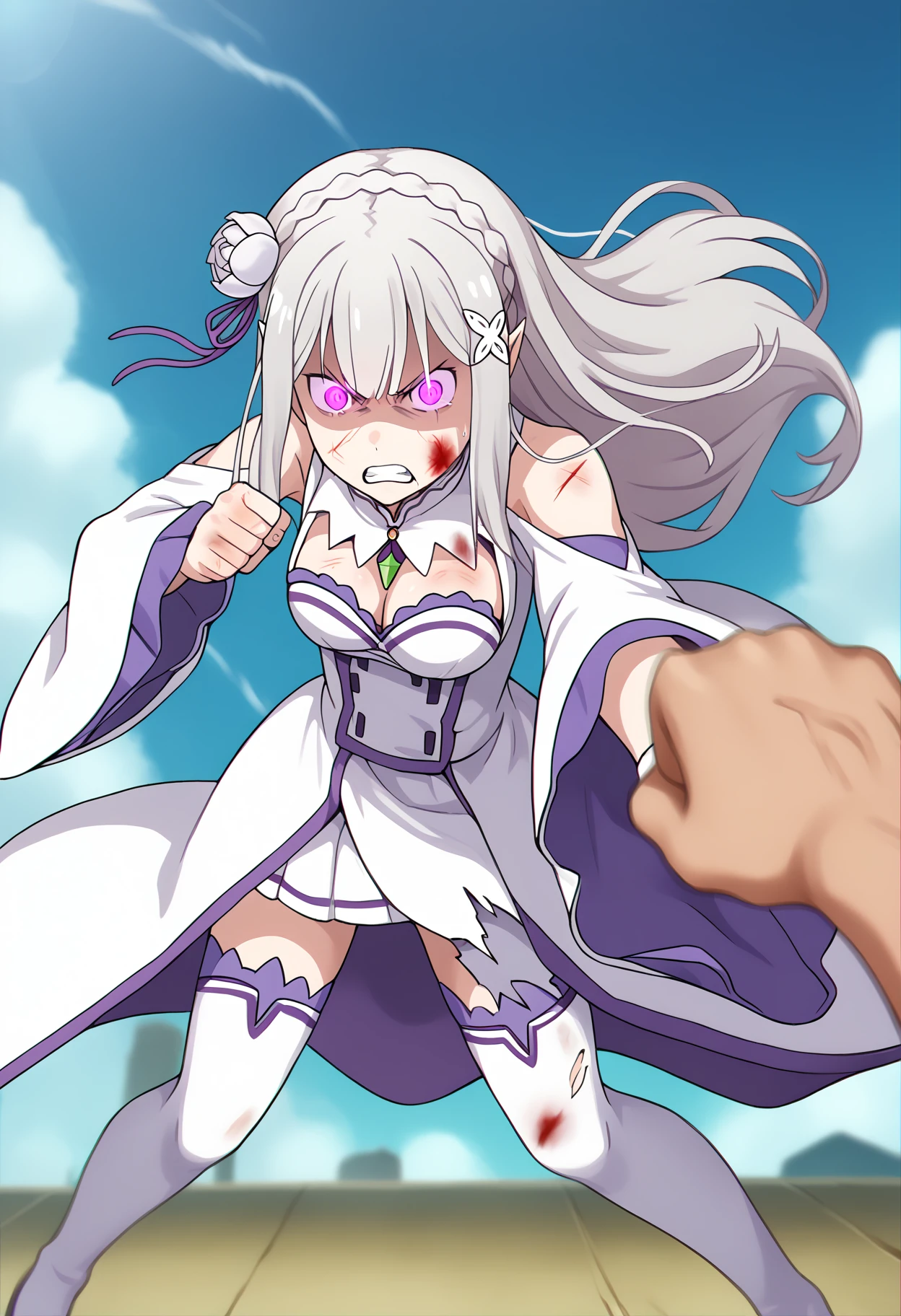 score_9, score_8_up, score_7_up, source_anime,
BREAK
<lora:shiEmiliaV2:1> shimilia, long hair, grey hair, purple eyes, pointy ears, crown braid, hair flower, hair ribbon, purple ribbon, x hair ornament, white dress, cleavage, bare shoulders, wide sleeves, white thighhighs, thigh boots,
<lora:shiMotionSupportV1:1>,
shimotiondef, shicomicsupport, motion blur, motion lines, speed lines,
punching, scar, blood on face, bruise, fighting stance, battle, injury, messy hair,
clenched hand, angry, torn clothes, shaded face, glowing eyes,
full body, sky, pants, day, cloud, blue sky,
clenched teeth, serious, sweatdrop,
film grain, depth of field, electricity, chromatic aberration, veins, blurry, kicking,
looking at viewer, pov,