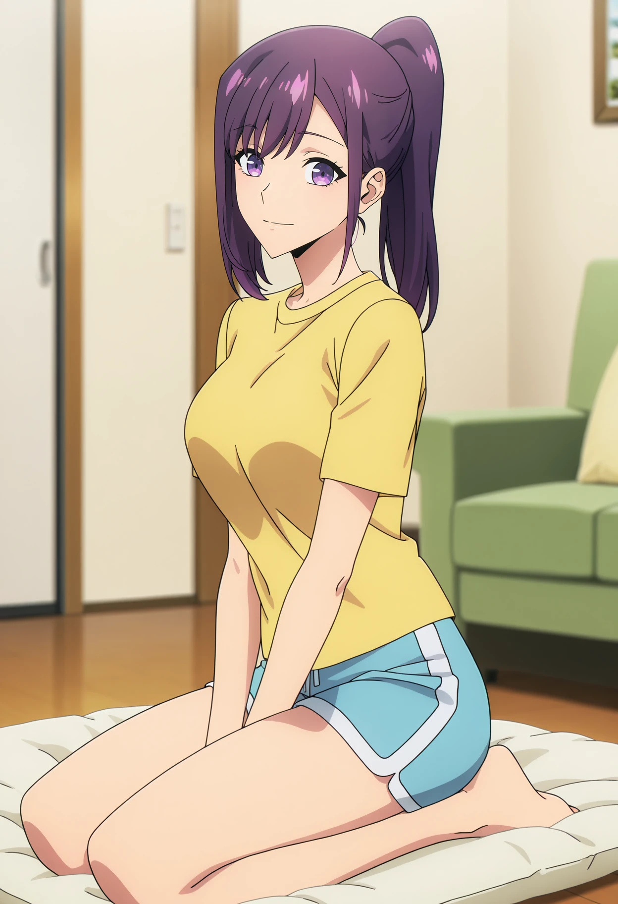 anime screencap, masterpiece, best quality,
<lora:SoloLeveling_SungJinah_IlluXL:0.9>,
1girl, solo, closed mouth, light smile,
purple hair, purple eyes, high ponytail,
JinahHome, t-shirt, yellow shirt, blue shorts,
seiza, looking at the viewer,
indoors, living room, blurry background