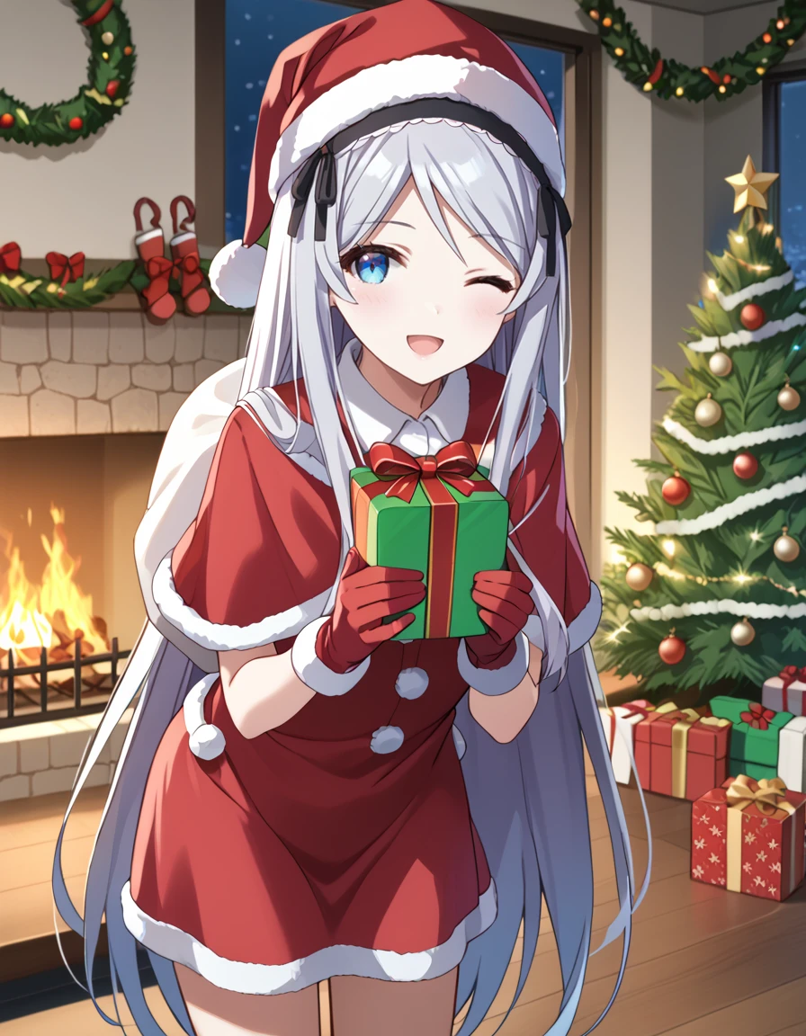 score_9, score_8_up, score_7_up, source_anime, BREAK
1girl, solo, looking at viewer, outdoors, snow, christmas, happy, open mouth, indoors, 
shisei houjou (kurakon), very long hair, grey hair, sidelocks, blue eyes, one eye closed, fireplace,
<lora:santa-costume-ponyxl-lora-nochekaiser:1>, santa costume, santa hat, christmas, sack, merry christmas, gift, fur-trimmed headwear, holding sack, santa dress, fur-trimmed dress, christmas tree, fur trim, red capelet, gift box, red gloves, fur-trimmed capelet, santa gloves, red hat, hat, presenting gift, leaning forward,
<lora:shisei_houjou-kurakon_s1-anime-soralz:1>