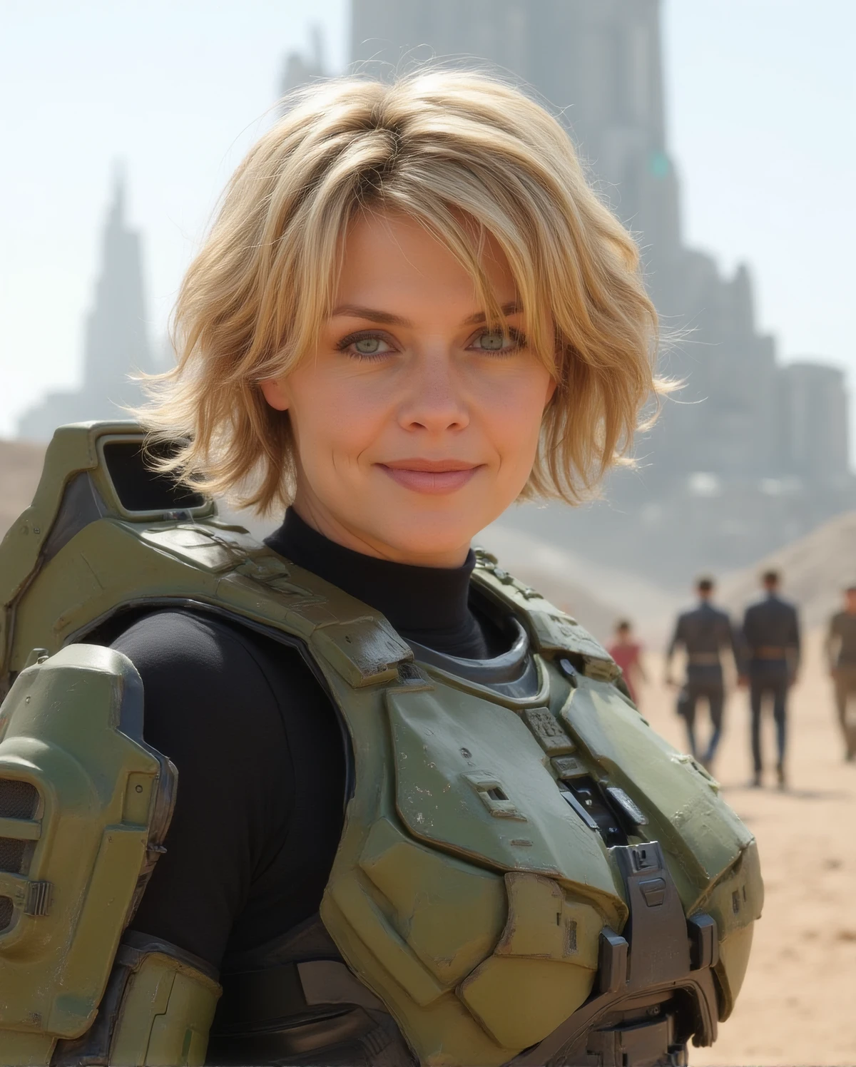 beautiful detailed portrait photograph of amandatapping, she has short hair. strands of hair framing her face, wearing Master Chief's SPARTAN ARMOR from the Halo series, without a helmet. She is standing in on an alien planet. A playful expression on her face. She is standing in front of a massive towering alien city in the background. 35mm film. DSLR. <lora:amandatapping-v0-1:0.9> <lora:flux_realism_lora:0.7>, documentary photography, capturing reality, social issues, human experiences, photojournalistic storytelling, candid moments, authentic narratives, raising awareness, documenting history, preserving cultural heritage, immersive storytelling, evoking empathy, powerful imagery, journalistic integrity