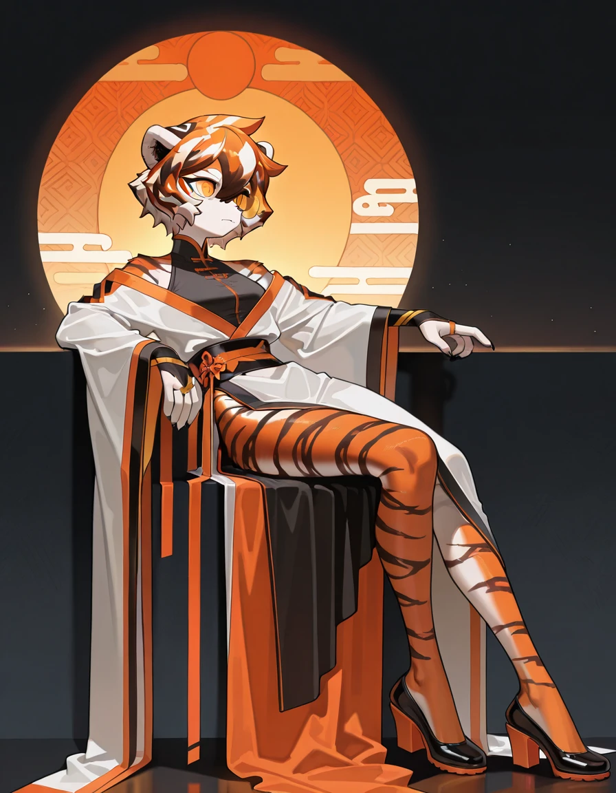 masterpiece, best quality, amazing quality, very aesthetic, absurdres, newest, <lora:waaifu_arknights:1>, waaifu_arknights, 1girl, animal ears, furry female, furry, tiger ears, long flowing robe, black and orange accents, geometric patterns, asymmetrical design, high-collared top, wide sleeves, sash belt, futuristic style, white and orange palette, stylized tiger stripes, detailed footwear.