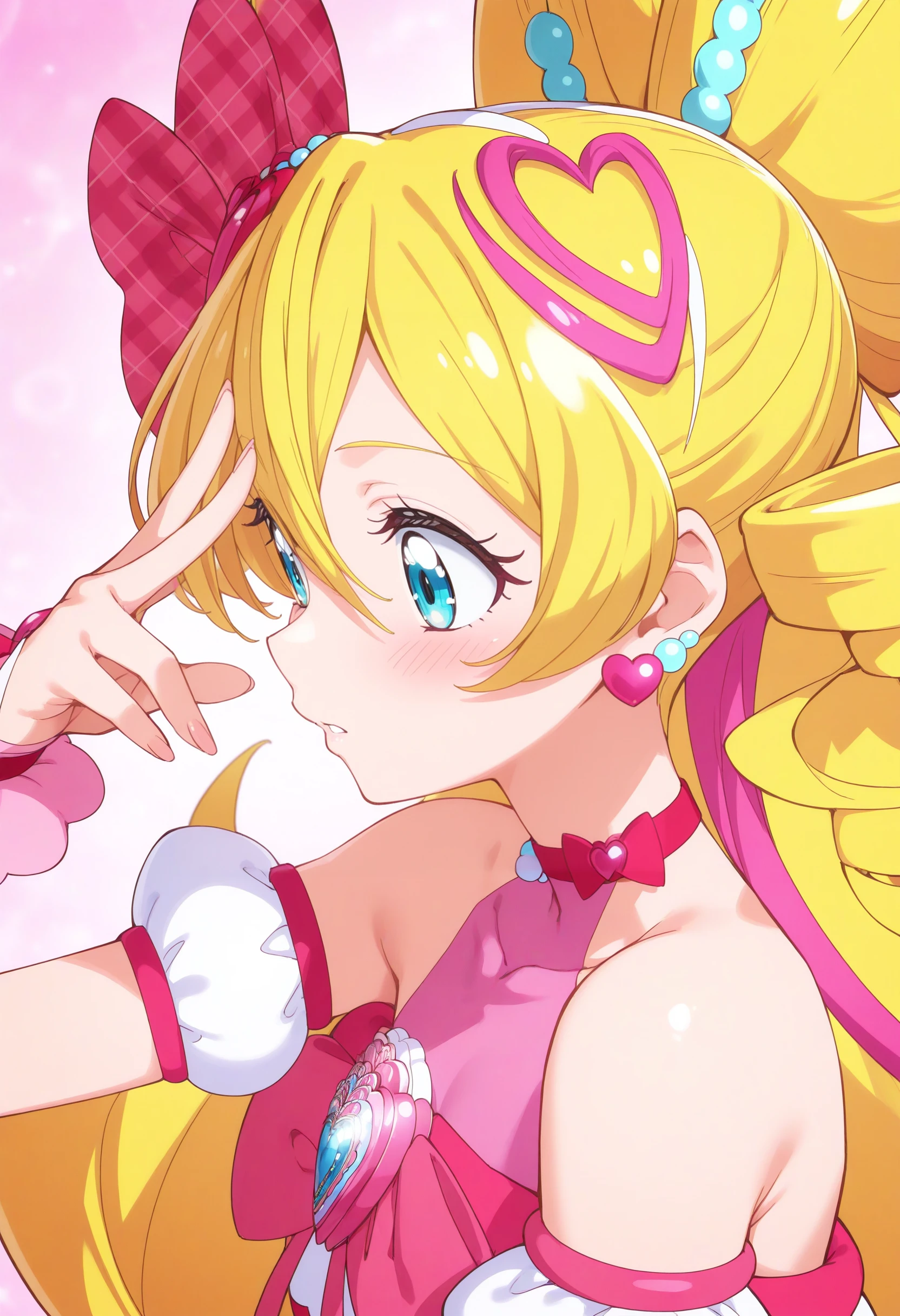 1girl,cure idol,solo,
masterpiece, best quality, newest, absurdres, CG, anime, source anime, illustration,
blonde hair, pink bow, blue eyes, hair bow, jewelry, heart hair ornament, earrings, multicolored hair, twin drills, magical girl, detached sleeves, hair between eyes, plaid skirt, pink choker, bare shoulders, very long hair, <lora:cureidol_Illust_v1:0.8>
v over eye ,
from side, portrait, looking away, flustered, under the bridge, parted lips