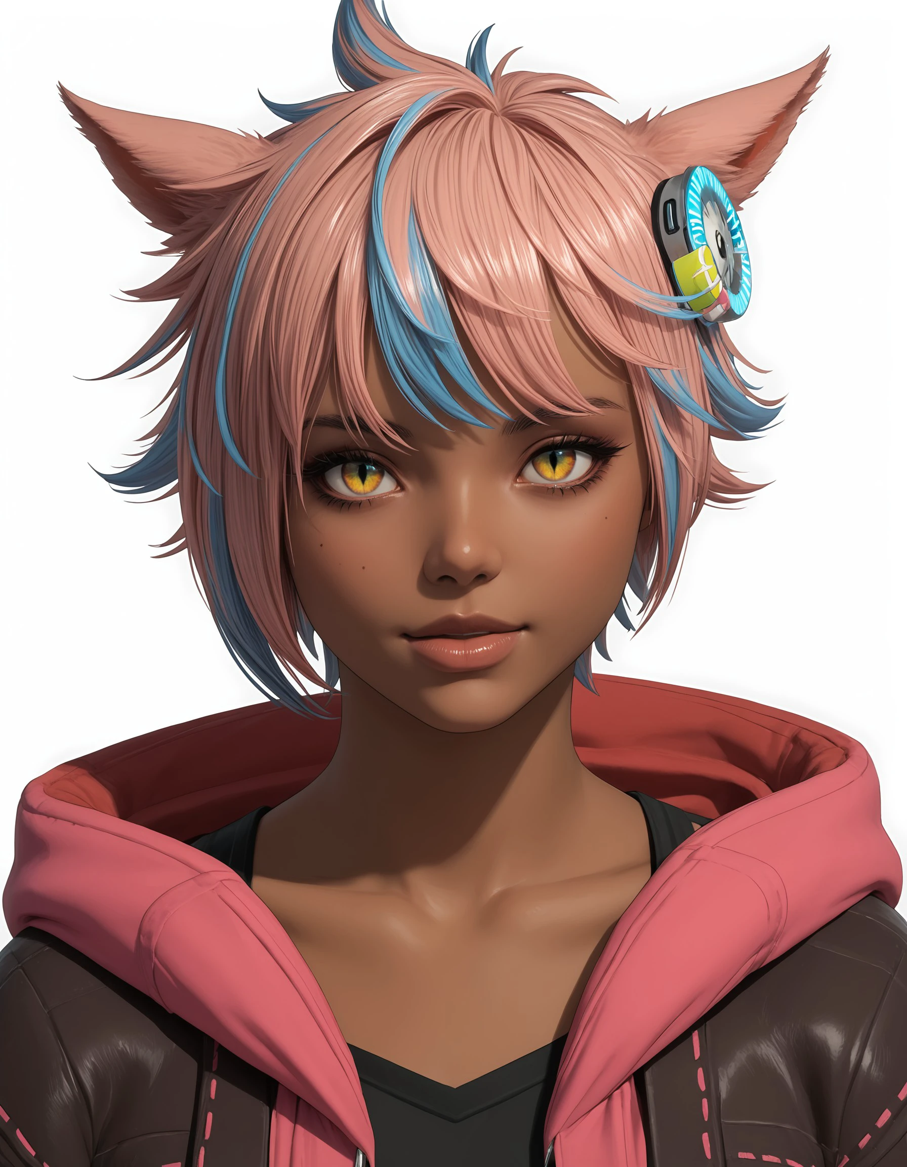 score_9, score_8_up, score_7_up, score_6_up, score_5_up, score_4_up, BL4CKC4TD5K, animal ears, miqo'te, pink hair, multicolored hair, dark skin, 1girl, slit pupils, yellow eyes, looking at viewer, blue hair, short hair, cat ears, hair ornament, lips, pants, dark-skinned female, two-tone hair, hood, bangs, , <lora:3b3da377-9f27-4a25-8dd4-94585a8a4fc9:0.7>