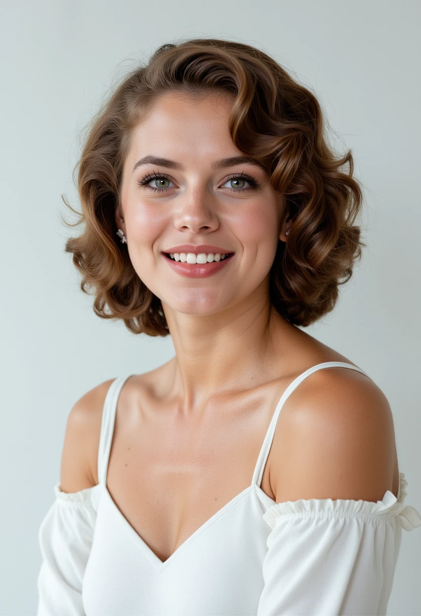 headshots, multiple angles,photoshoot poses; the image is a portrait of a young woman. she is standing. she has piercing eyes. She is wearing a white off-the-shoulder blouse with ruffled sleeves. She has happy look on her face. she is laughing with her mouth open. The background is a simple white wall. The overall mood of the image is happy.RAW candid cinema,16mm,color graded portra 400 film,remarkable color,ultra realistic,textured skin,remarkable detailed pupils,realistic dull skin noise,visible skin detail,skin fuzz,dry skin,shot with cinematic camera,detailed skin texture,(blush:0.2),(goosebumps:0.3),subsurface scattering,beautiful photograph in the style of Augustus John,Sergio Toppi,Virginia Frances Sterrett,8k HD,detailed skin texture,ultra realistic,textured skin,analog raw photo,cinematic grain,whimsical.perfection style