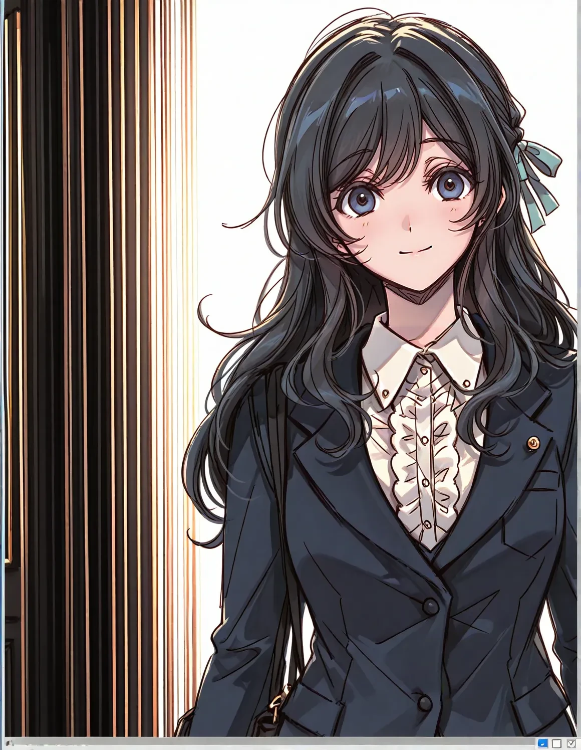 1girl,<lora:eigatore:1> eigatore, black hair,jacket, long sleeves, shirt, collared shirt, white shirt, frills, suit,(horse ears, horse girl,:-1.5)<aa>
(masterpiece, best quality), safe, amazing quality, very aesthetic, absurdres, highres, newest, HDR, 8K, high detail RAW color art,
<lora:fav_Mature_Ver3.0:0.6> 
<lora:dmd2_sdxl_4step_lora_fp16:1> 
looking at viewer,standing,smile,