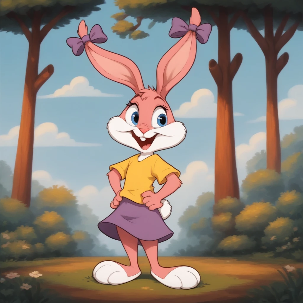 score_9, score_8_up, score_7_up, score_6_up, score_5_up, score_4_up, source_furry, source_cartoon, high quality, detailed background
<lora:BabsBunnyOr6:0.8>, <lora:black outline:1.2>, Babs, bunny, girl, blue eyes, pink nose, pink body, white tail, yellow T-shirt, purple skirt, purple bows on the ears, standing, mouth open, hands on waist, Small body, dwarf, in the forest, rating_safe