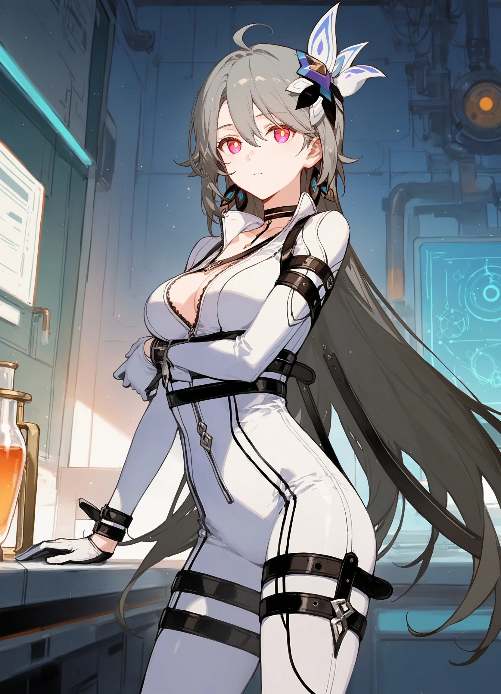 1girl, bright, gray hair, semi-long, poni braid, green eyes, multicolored hair, saleme, head mask, side lights, light particles, wallpaper, big, plump, idol, swimsuit, loose fluffy, smile, gentle, clear, sexy,