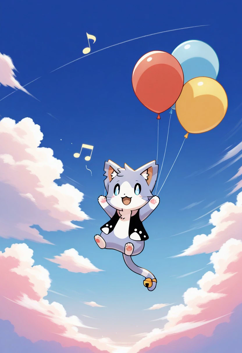 1boy, hoshikake-kun, general, furry, cute, kemono, sky, balloons, floating, musical notes, masterpiece, best quality